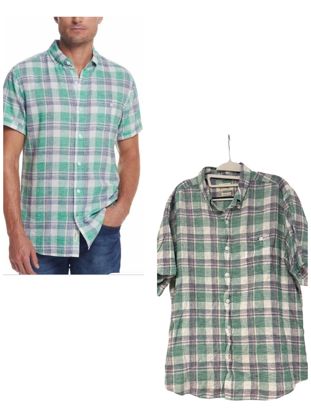 Weatherproof Vintage Men's Short-Sleeve Linen Blend Green Plaid Shirt XL